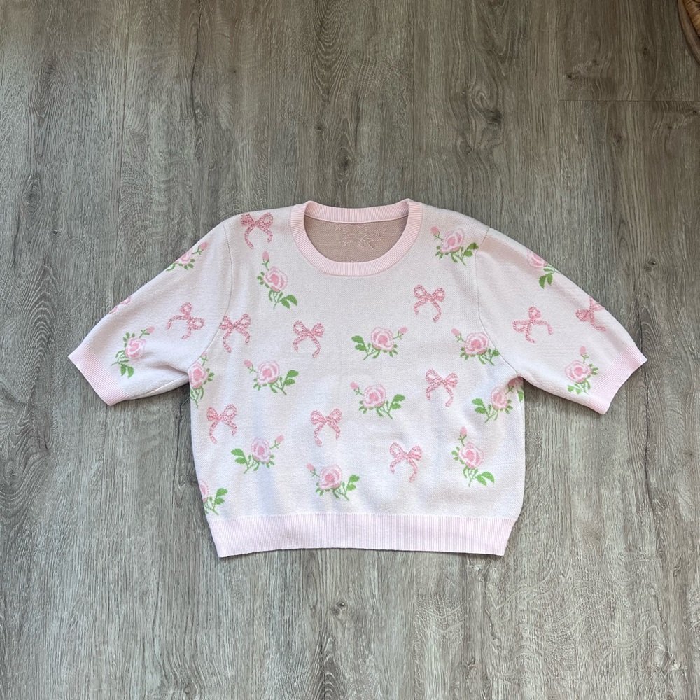 Pink Floral Bow Short Sleeve Top